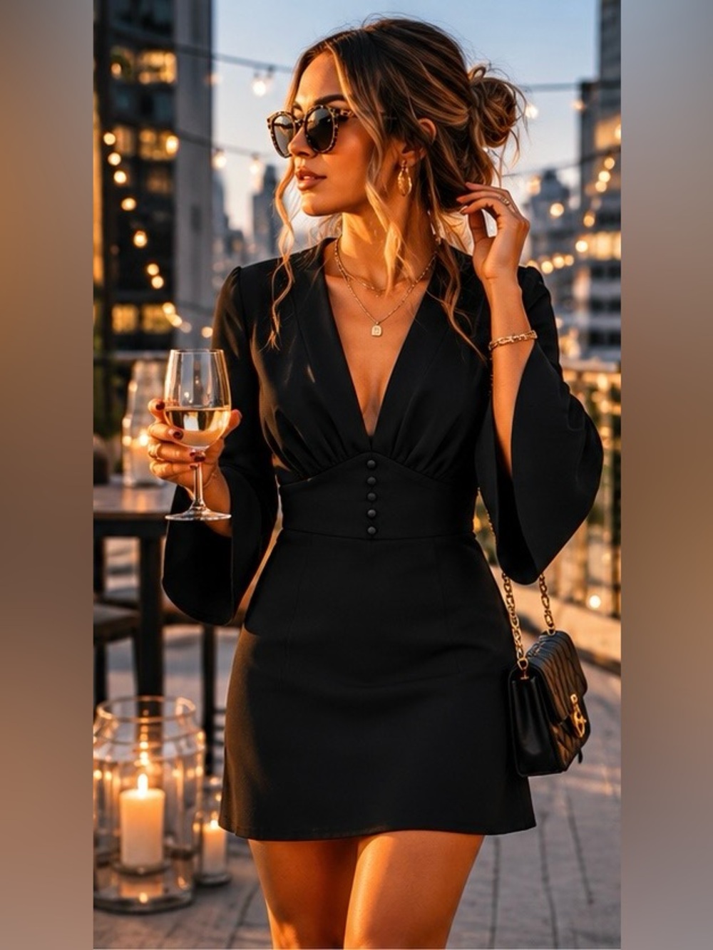 & Other Stories Black A-Line Mini Dress Bell Sleeve Deep V Cocktail Party Dress